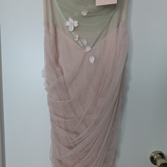 Off-Shoulder Green and Blush Tulle Draped Midi Dress - Picture 2 of 4